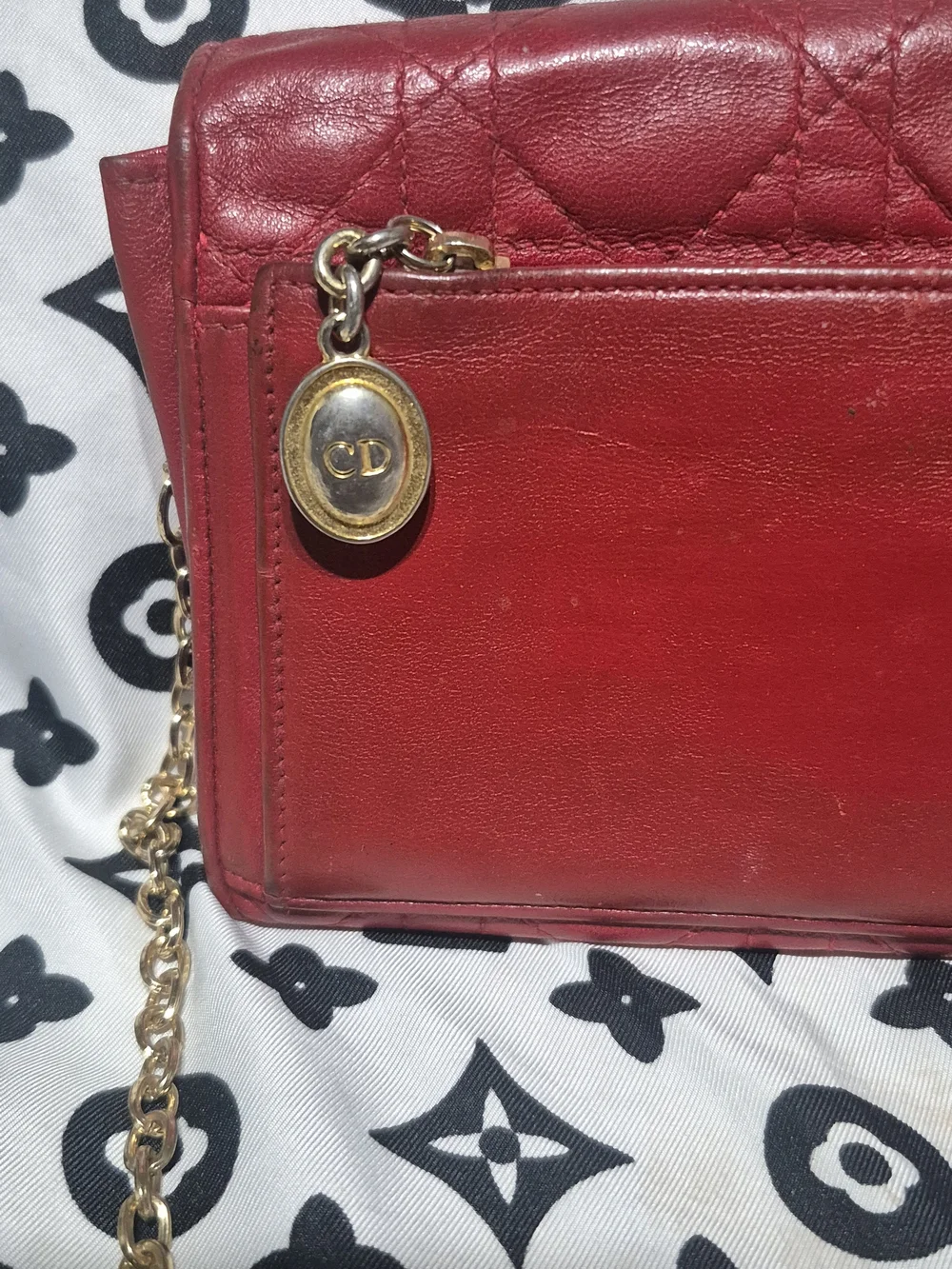 Vintage Authentic Dior Red Quilted Chain Wallet